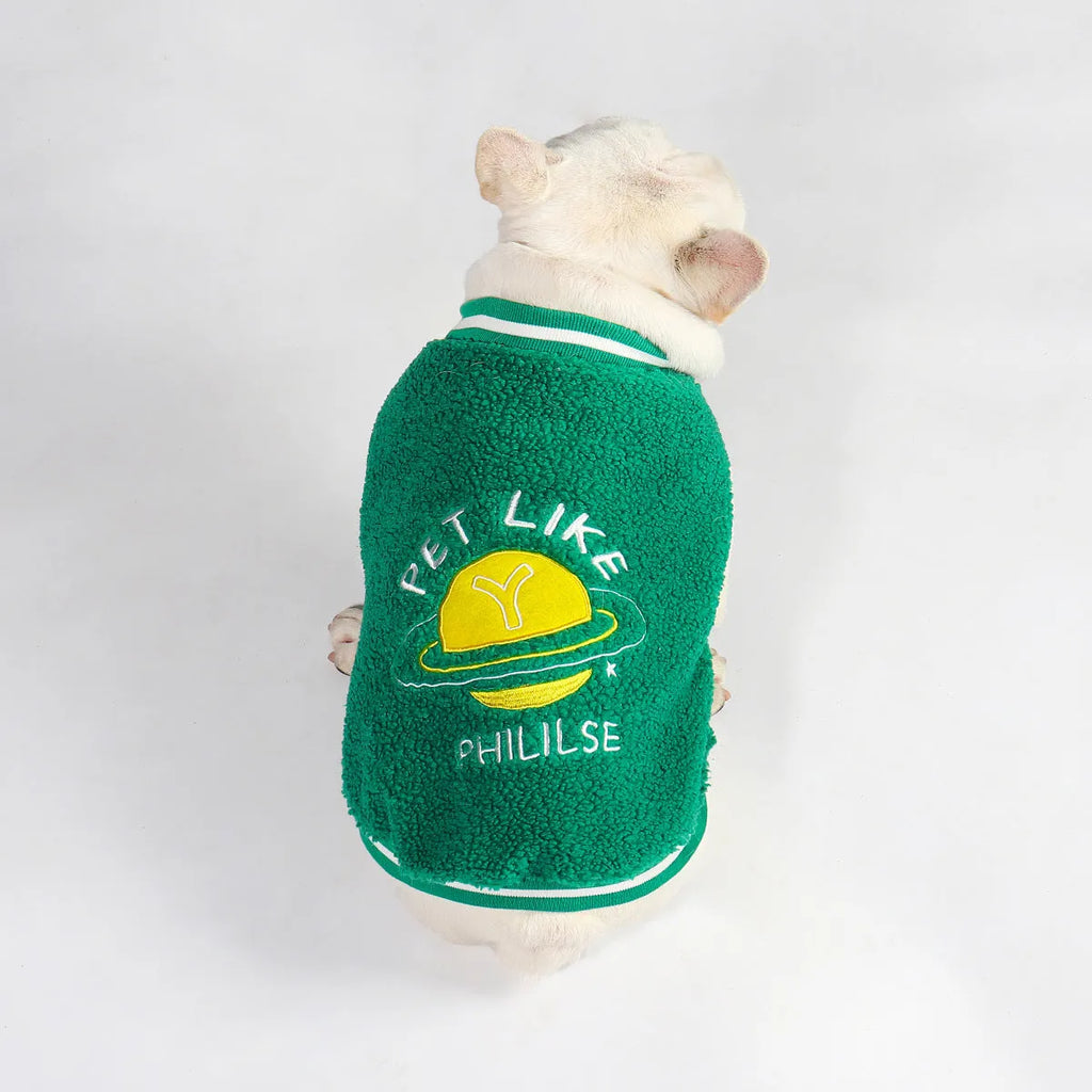 Green fleece-lined cotton dog winter coat showing front view on mannequin