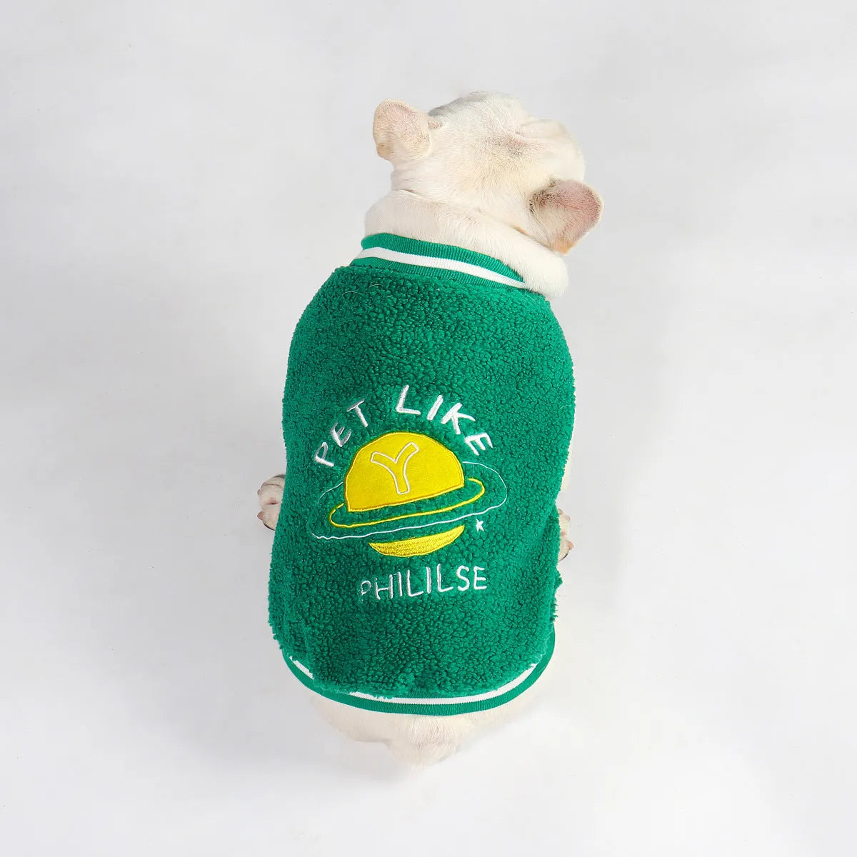 Green fleece-lined cotton dog winter coat showing front view on mannequin