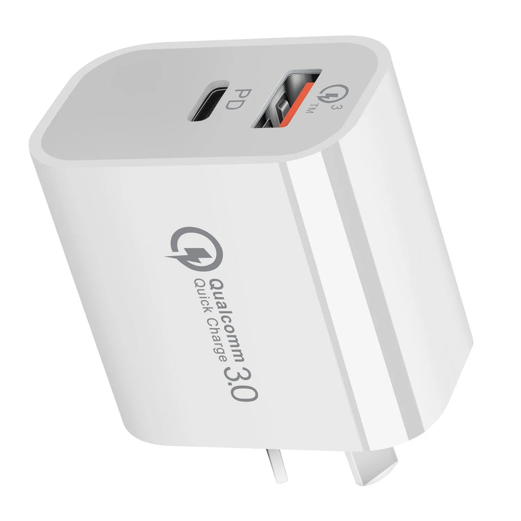 White dual port USB charger with Australian plug showing USB-A and USB-C ports