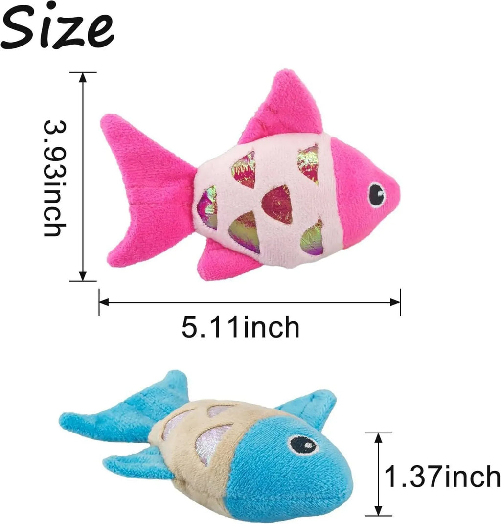 Two goldfish-shaped cat toys in blue, orange, and pink colours with soft plush exterior