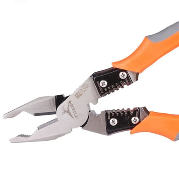 Orange handled multi-function wire cutter with forged alloy steel jaws on a workbench.