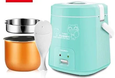 Small round blue and black miniature automatic rice cooker with steam pan on a kitchen counter.