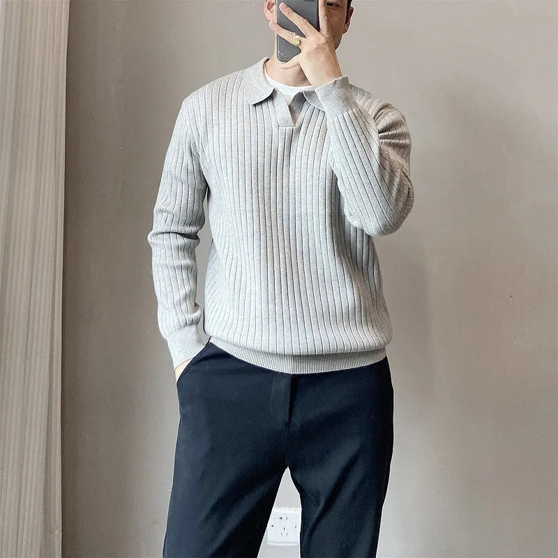 Boys' loose fit striped lapel knitted sweater in modal fabric with long sleeves