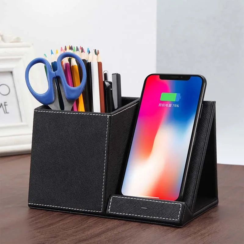 Black leather pen holder wireless charging station for desk organisation with phone charging surface