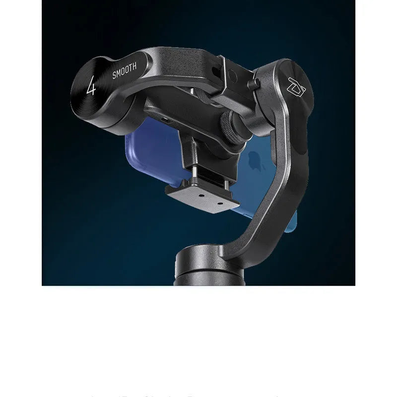 Black handheld smartphone gimbal stabilizer on a table