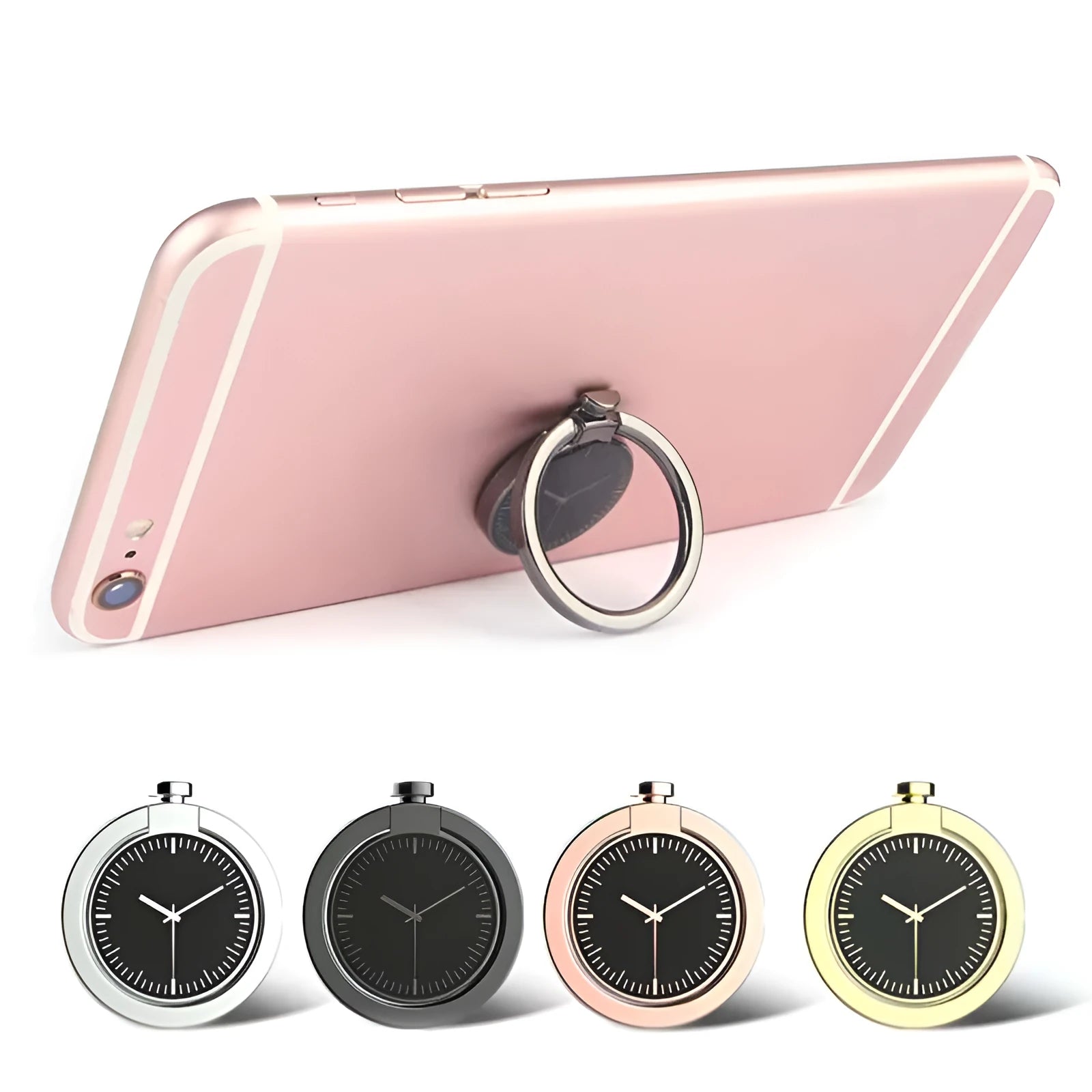 Magnetic alloy ring phone holder in black with 360-degree rotation for car mount