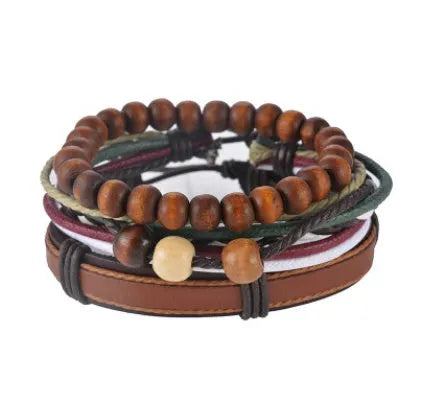 Handmade adjustable leather bead bracelet with multilayer design featuring cowhide leather, wooden beads, and woven ropes