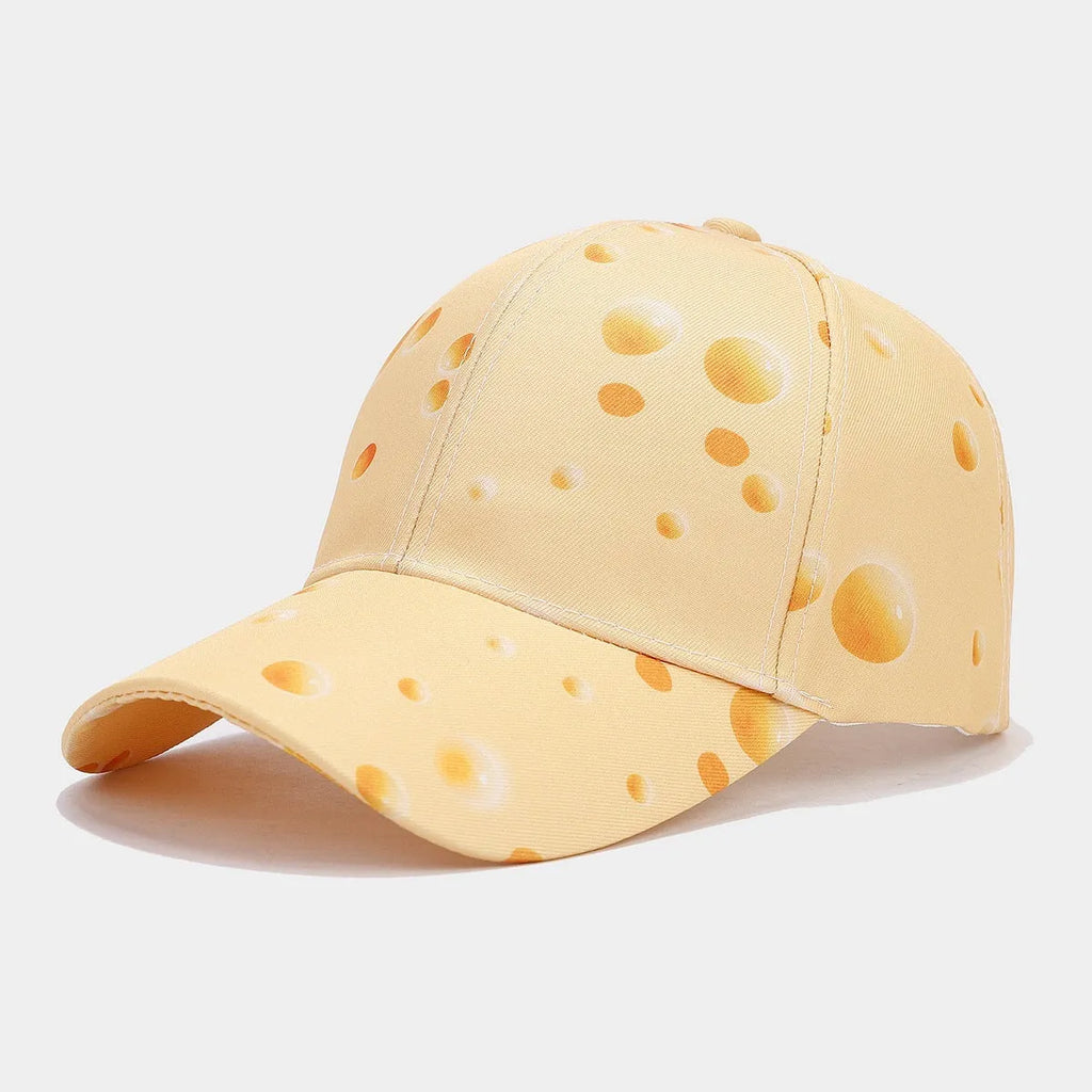 Printed cheese pattern adjustable peaked cap with dome crown and polyester construction