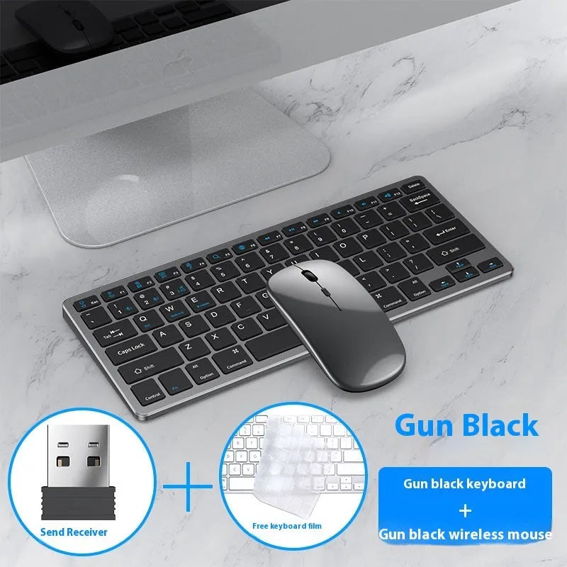 Ultra-thin wireless keyboard and rechargeable mouse set in black, silver, or gun metal colours with Bluetooth connectivity