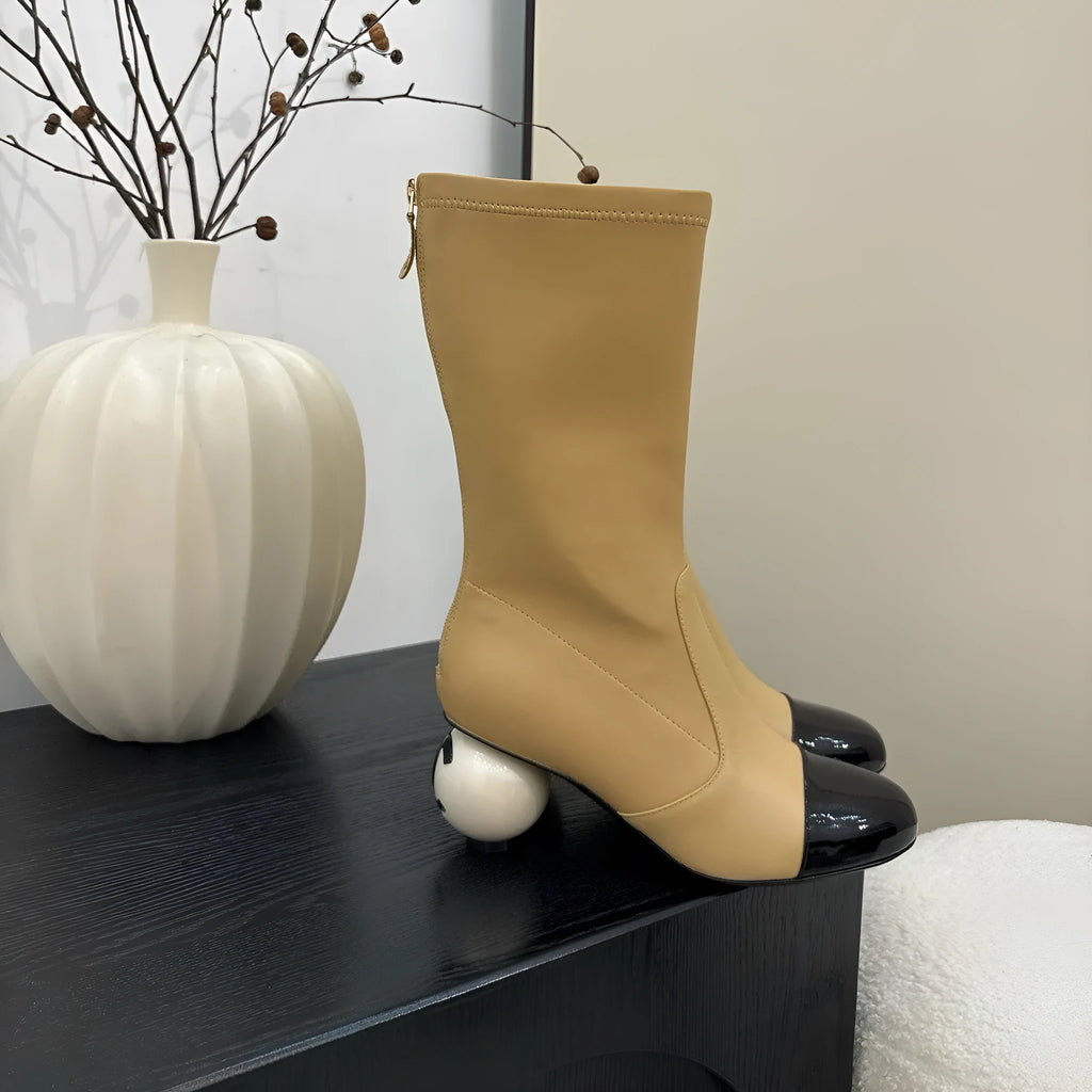 Women's winter chunky heel ankle boots in apricot with elastic fabric upper and back zipper