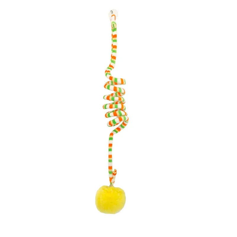 Spring cat toy with bell stick, inflatable ball, and suction cup mount in multiple colour options
