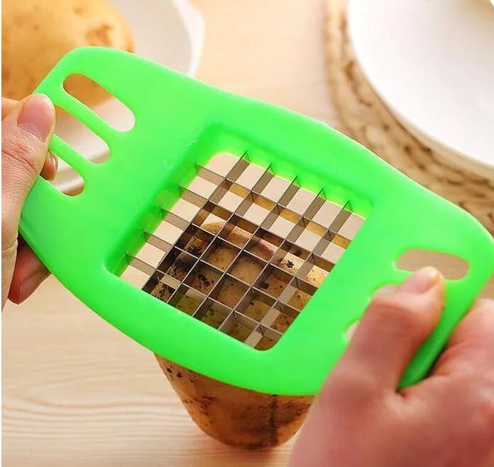 Potato chopper gadget with two stainless steel blades and a non-slip rubber foot on the base.