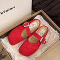 Women's flat closed-toe slippers with square toe in blue, showing PU upper and rubber sole.
