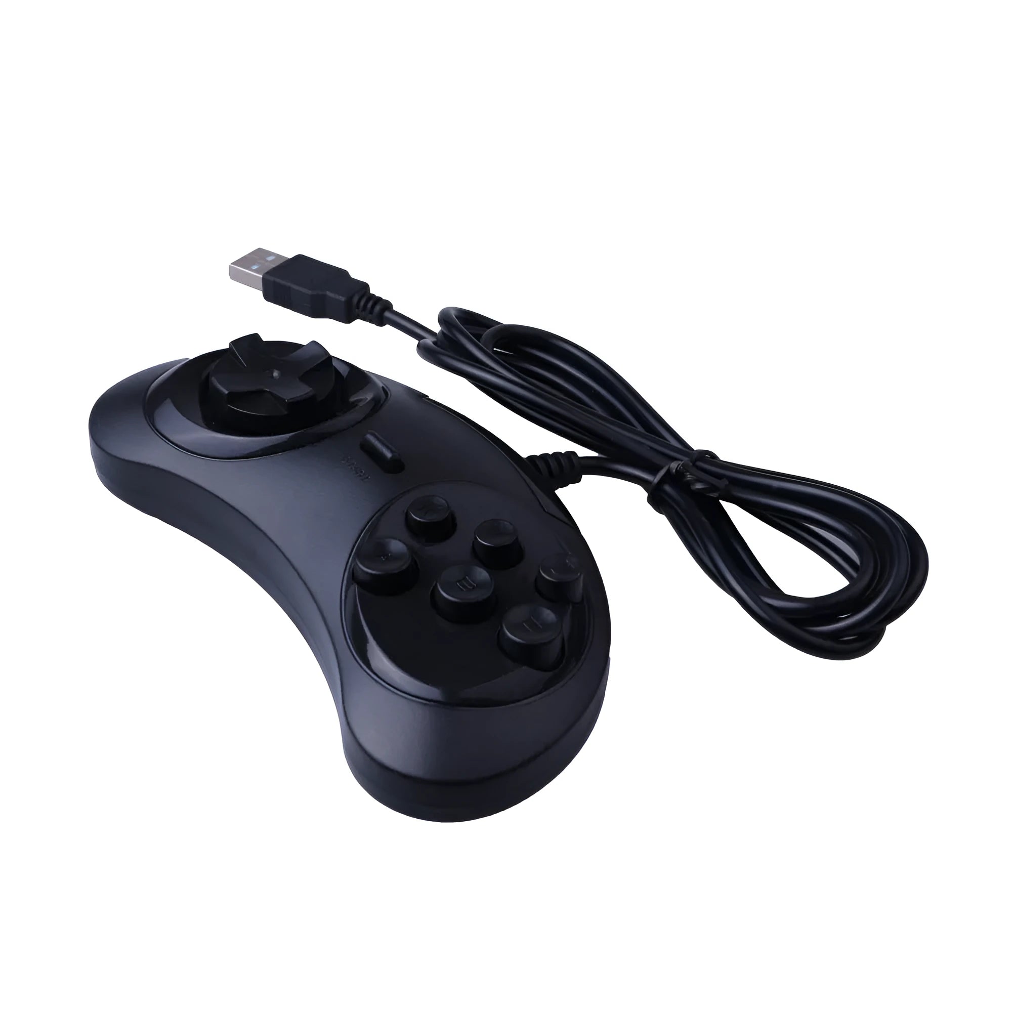 Black Sega-style USB wired PC game controller with 1.8-metre cable on a desk.