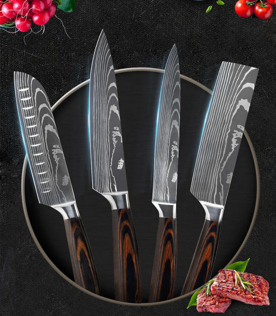 Chef knife with laser Damascus patterned blade and colour steel handle, length 30cm
