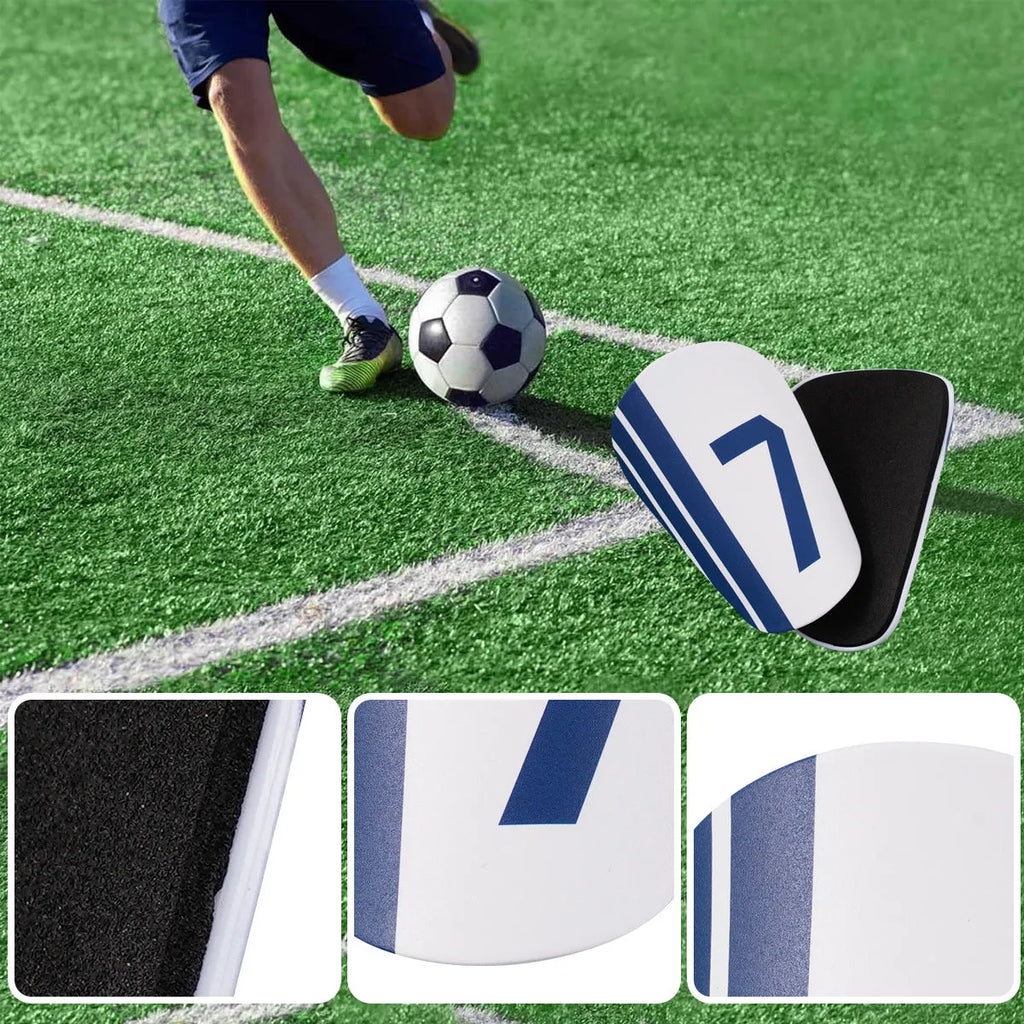 Blue and white No. 7 thickened PU football shin guards in XS, S and M sizes, one pair
