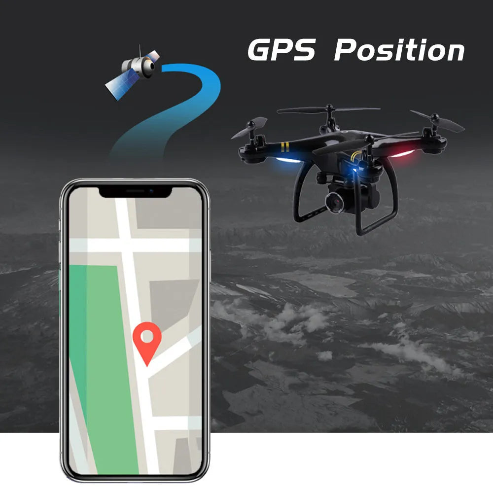 Black 5G GPS camera drone with four rotor arms and high-definition lens on a white background