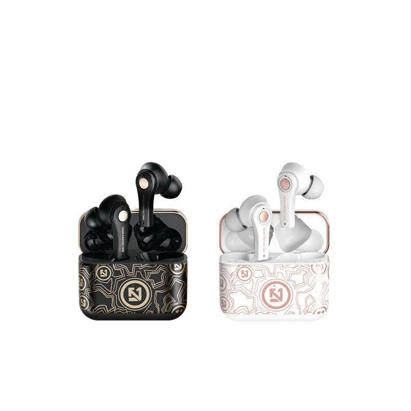 Black and white TWS wireless headphones with touch controls in charging case