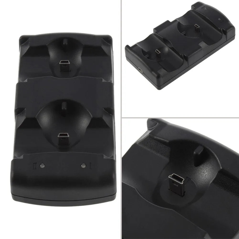 Black PS3 dual charging dock with two wireless controllers placed upright on charging pins, connected via USB cable.