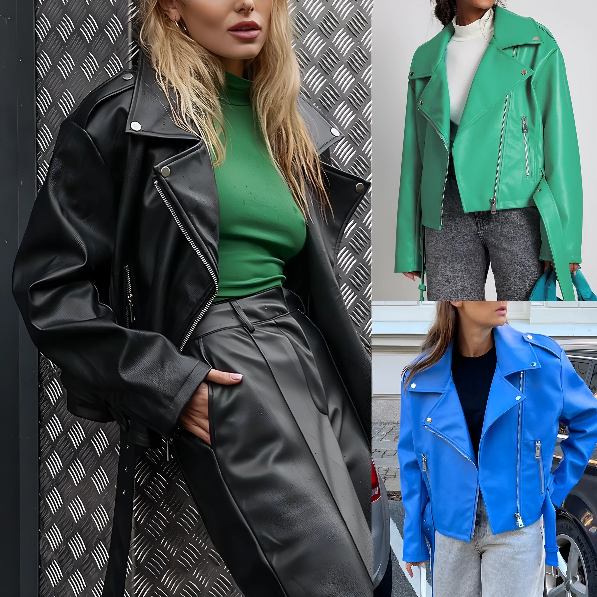 Black punk-style jacket with a Peter Pan collar and locomotive lapels, featuring a drawstring waist.