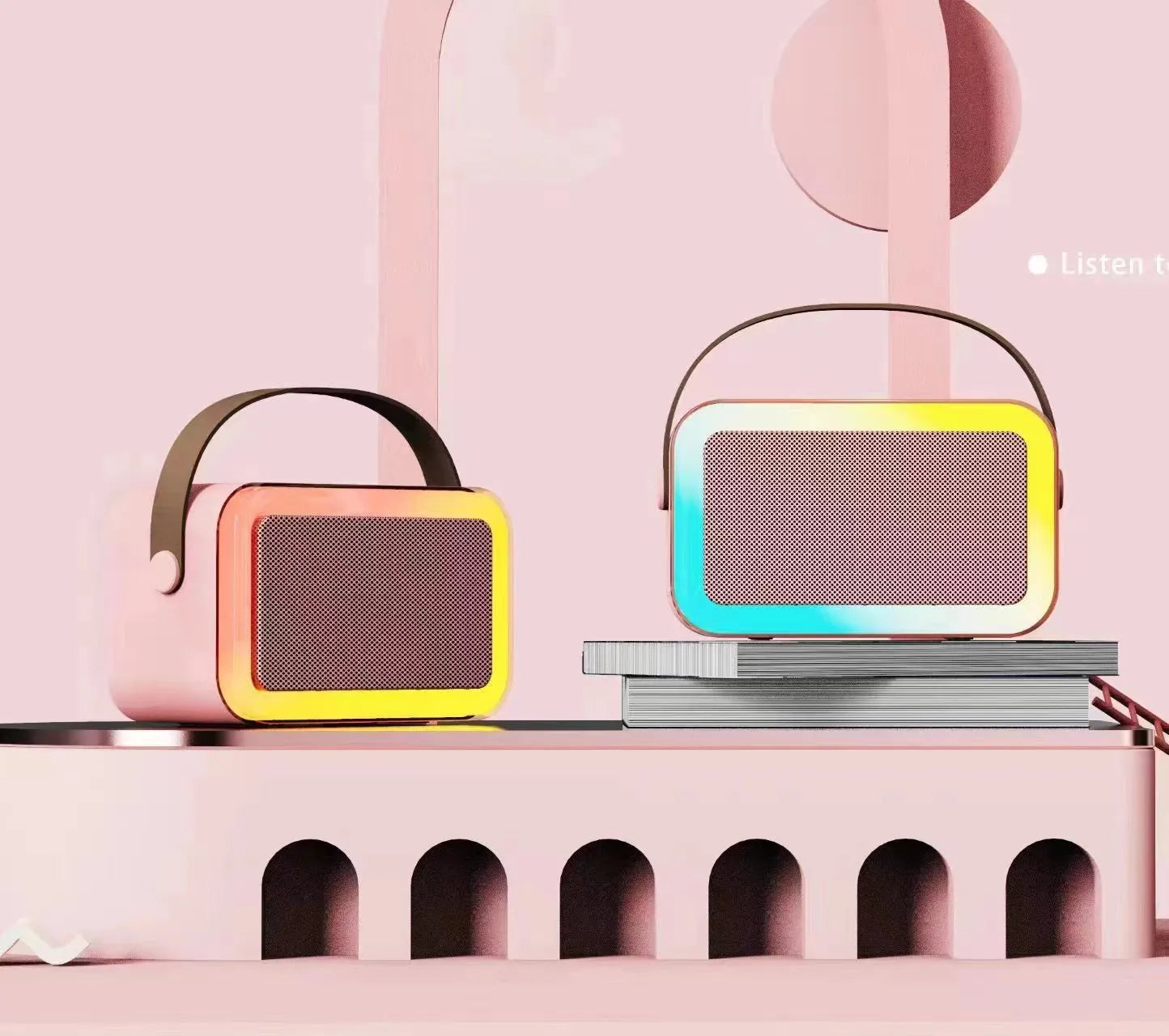 Portable coloured lights karaoke microphone and Bluetooth speaker in pink, sky blue, or white.
