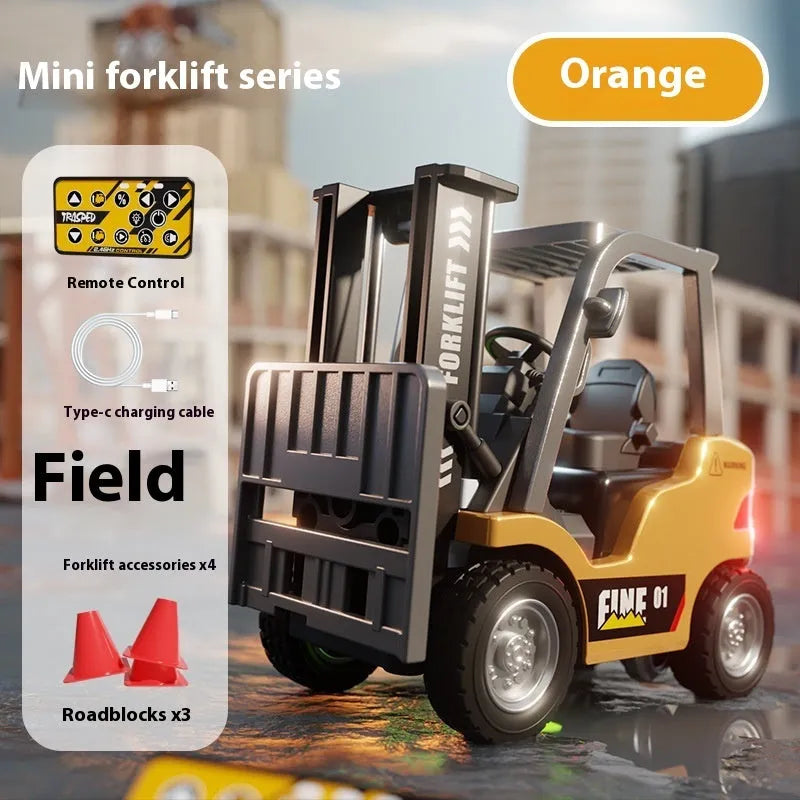 1:64 scale silver alloy remote control forklift model with accessories on a tabletop obstacle course.