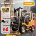 1:64 scale silver alloy remote control forklift model with accessories on a tabletop obstacle course.
