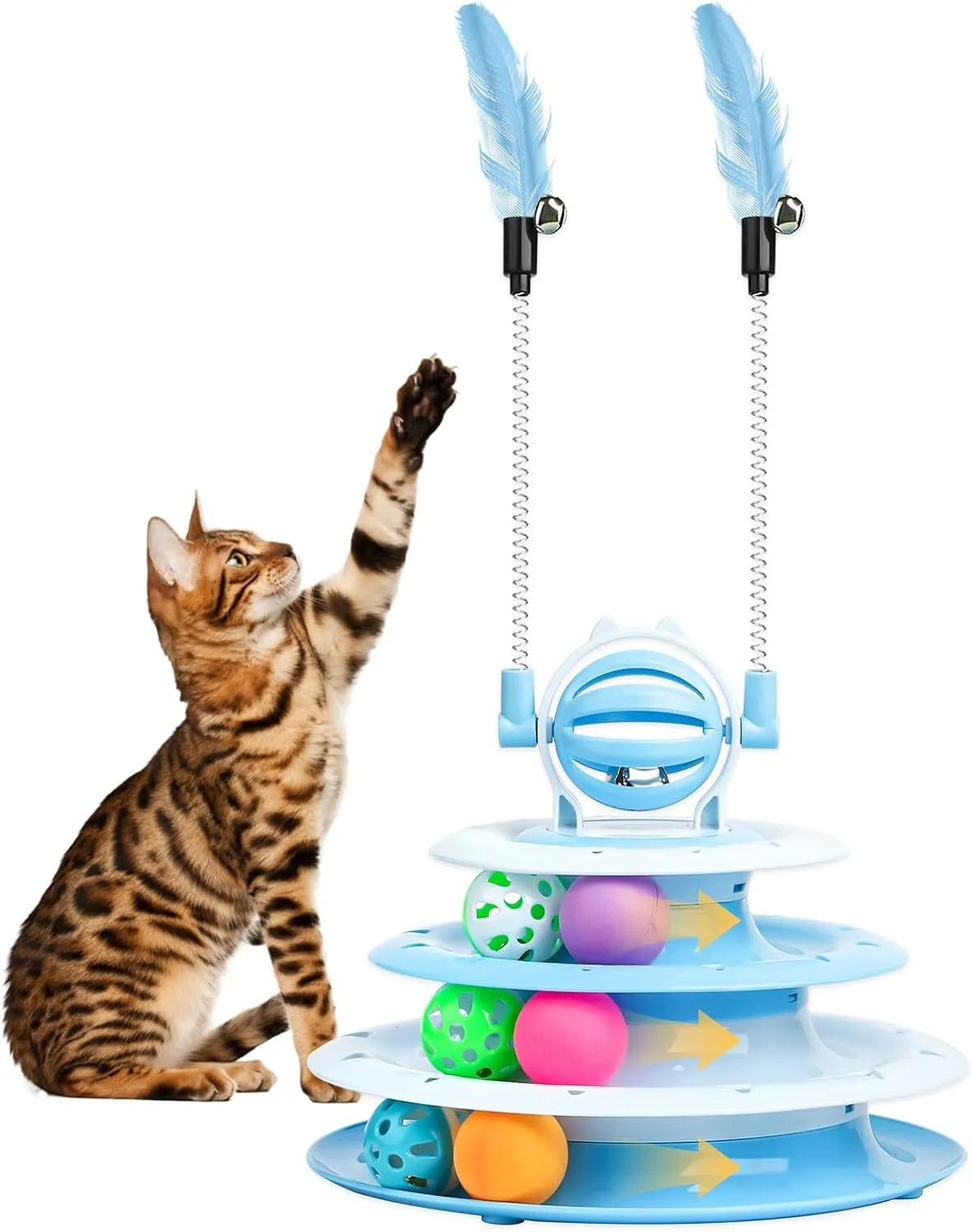 Blue 4-tier interactive cat toy carousel with balls and teasing rods