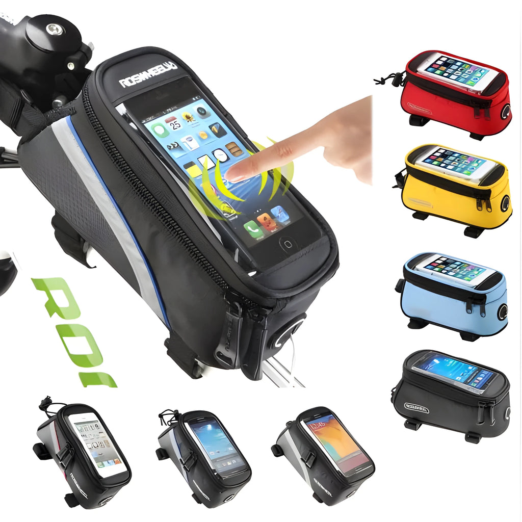 ROSWHEEL PVC bicycle frame bag for iPhone mounted on bike handlebars in blue colour