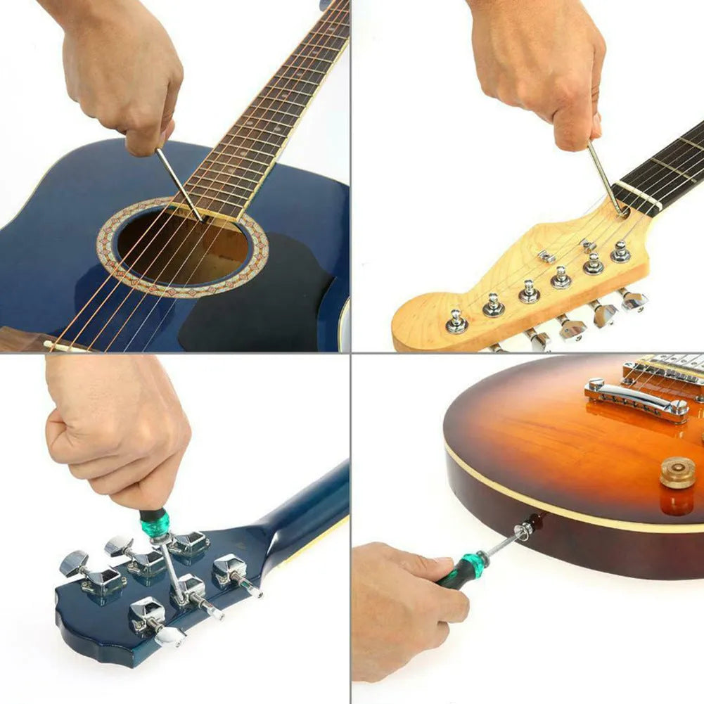 Black plastic case open to reveal 24 hardened steel guitar repair tools including cutters, winders, and files