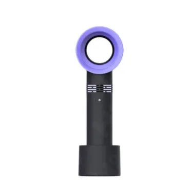 Compact portable bladeless desk fan with USB charging cable on a wooden desk