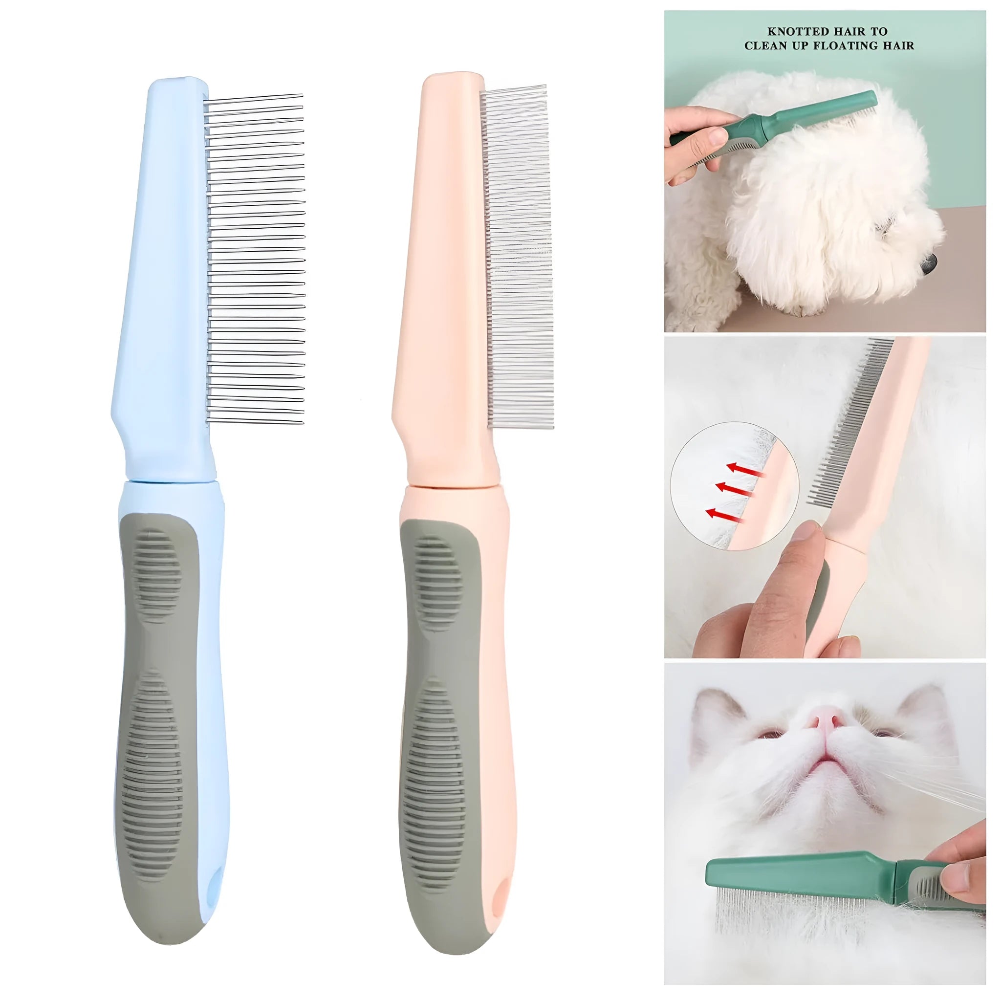 Blue pet detangler comb with rubber handle showing three comb teeth configurations