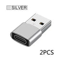 USB to Type-C adapter showing black and silver colour options with USB male and Type-C female connectors