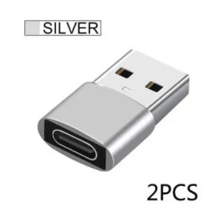 USB to Type-C adapter showing black and silver colour options with USB male and Type-C female connectors
