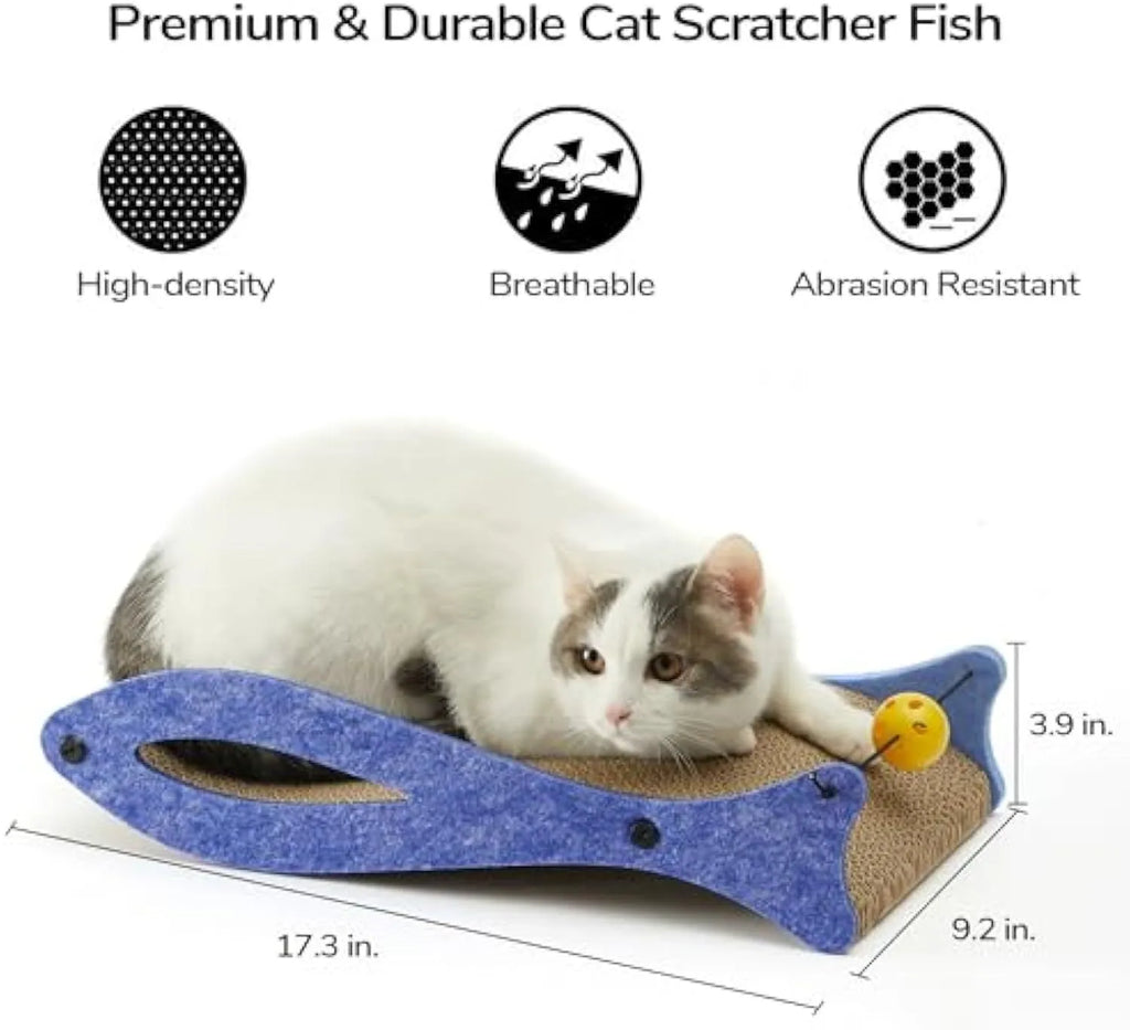 Blue fish-shaped cardboard cat scratcher with attached bell ball toy