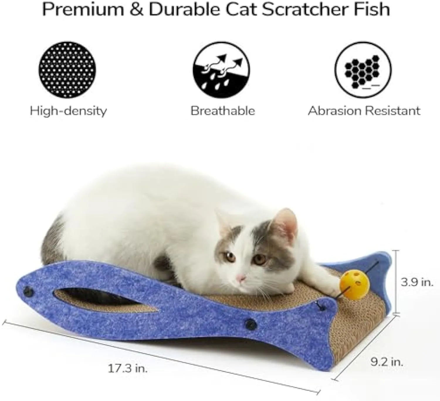 Blue fish-shaped cardboard cat scratcher with attached bell ball toy