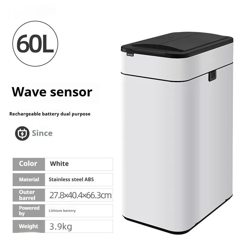 Stainless steel square inductive smart trash can with sensor lid and large capacity.