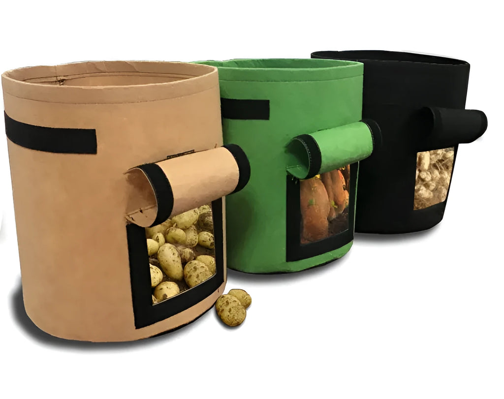 Non-woven breathable potato plant growth bag with side window and double handles in black colour