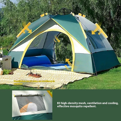 Dark Green Silver Glue double-layered camping tent for 3-4 people with automatic quick-open frame.