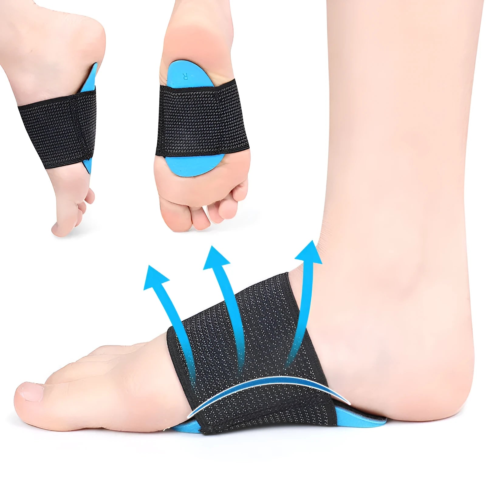 Blue elastic bandage foot pad for arch support, adult and children sizes available