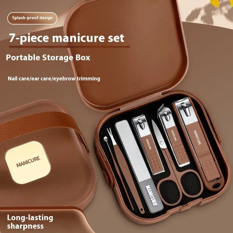Anti-splash portable household fingernail maintenance kit with stainless steel tools in multiple colours