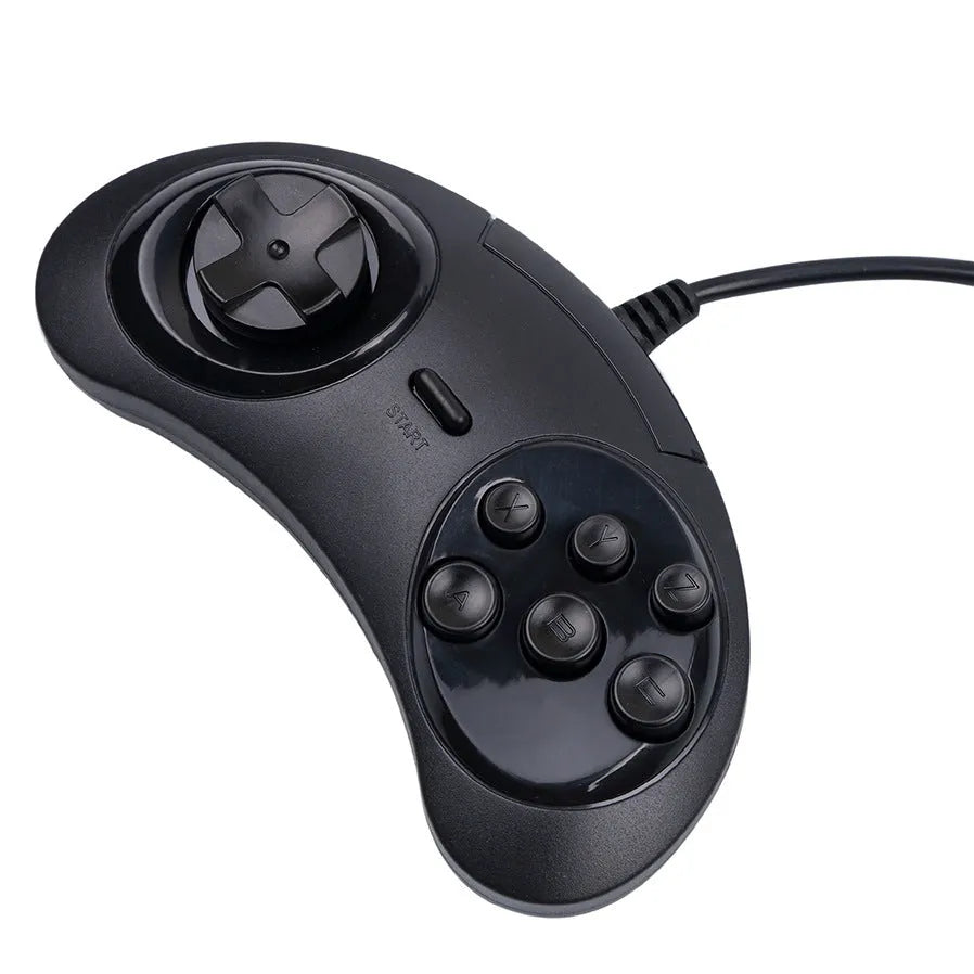Black Sega-style USB wired PC game controller with 1.8-metre cable on a desk.