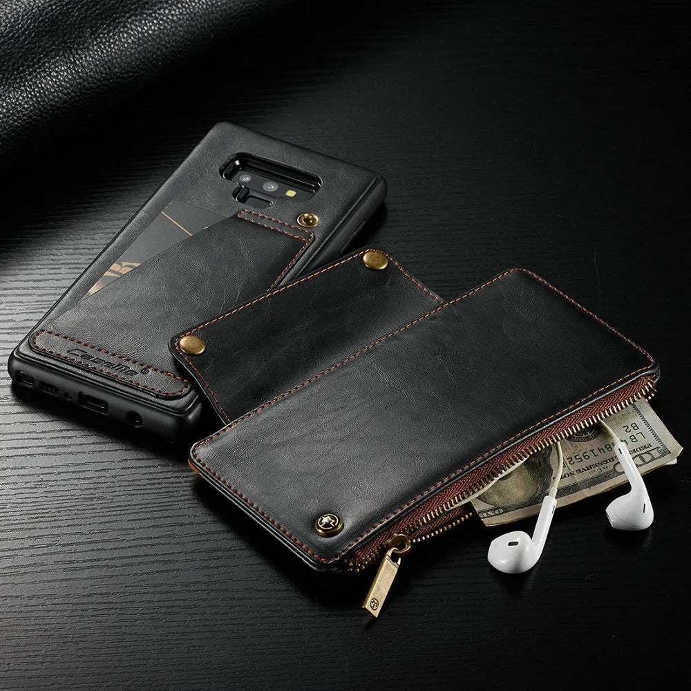 Black PU leather flip phone case for Samsung Galaxy Note 9 shown open and closed.