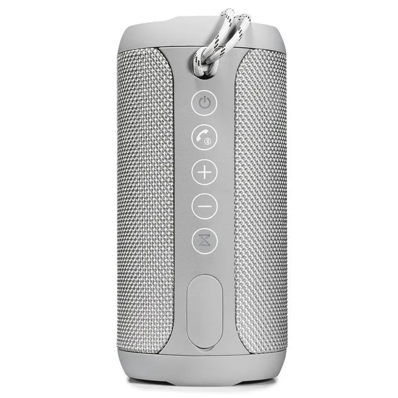 Outdoor portable Bluetooth speaker in camouflage colour with buttons for volume, playback, and mode selection.