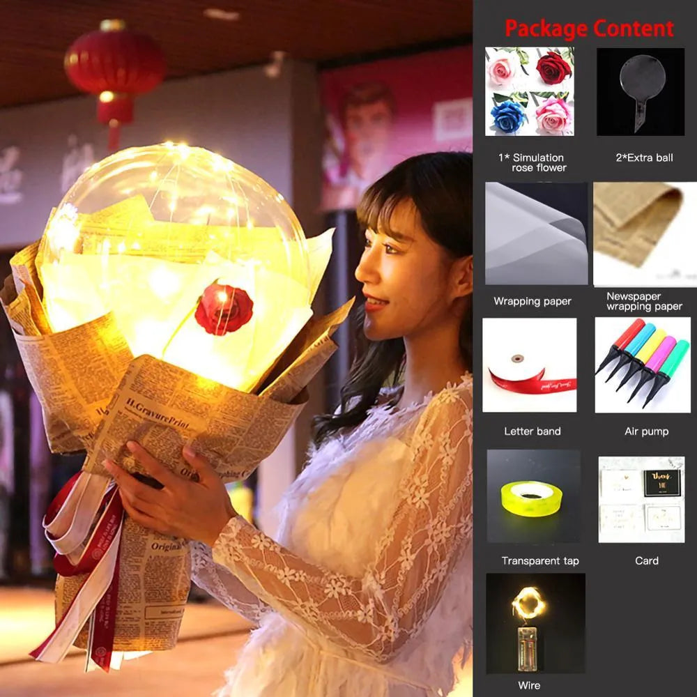 DIY LED luminous balloon rose bouquet set with transparent Bobo balls and LED lights on artificial flowers