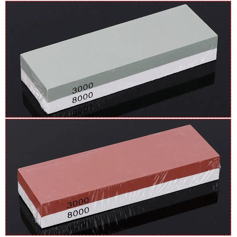 Green and white 3000/8000 grit kitchen whetstone sharpening set with bamboo base and accessories