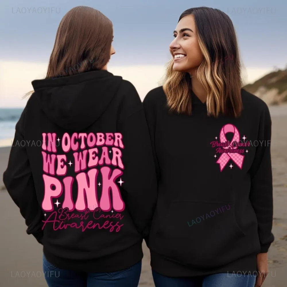 Pink Breast Cancer Awareness hoodie with retro design and side pocket
