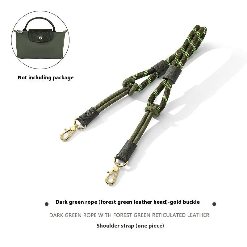 Braided nylon rope shoulder strap with cowhide leather accents and an alloy buckle.