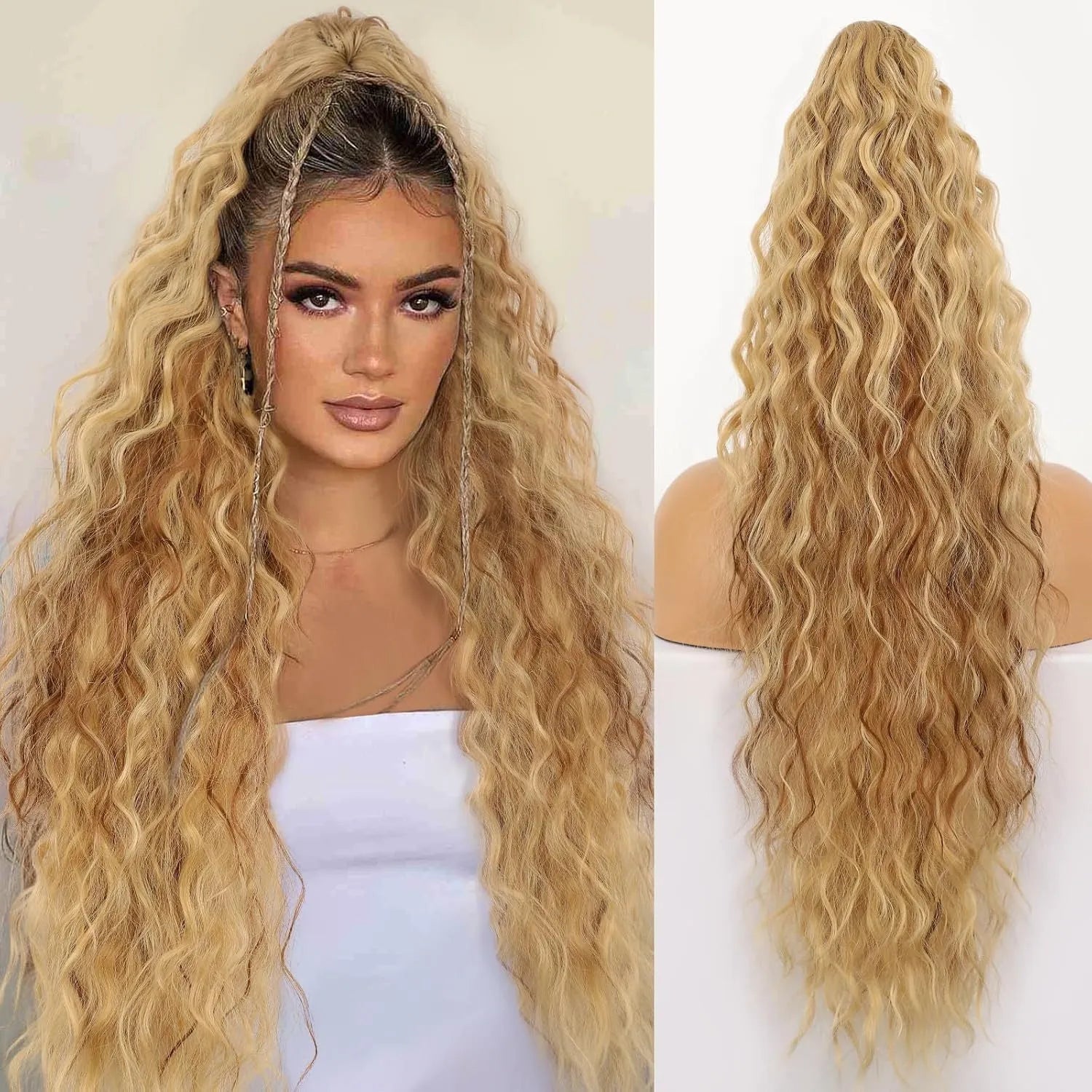 Long 30-inch curly ponytail wig in high temperature fibre for costume and cosplay.