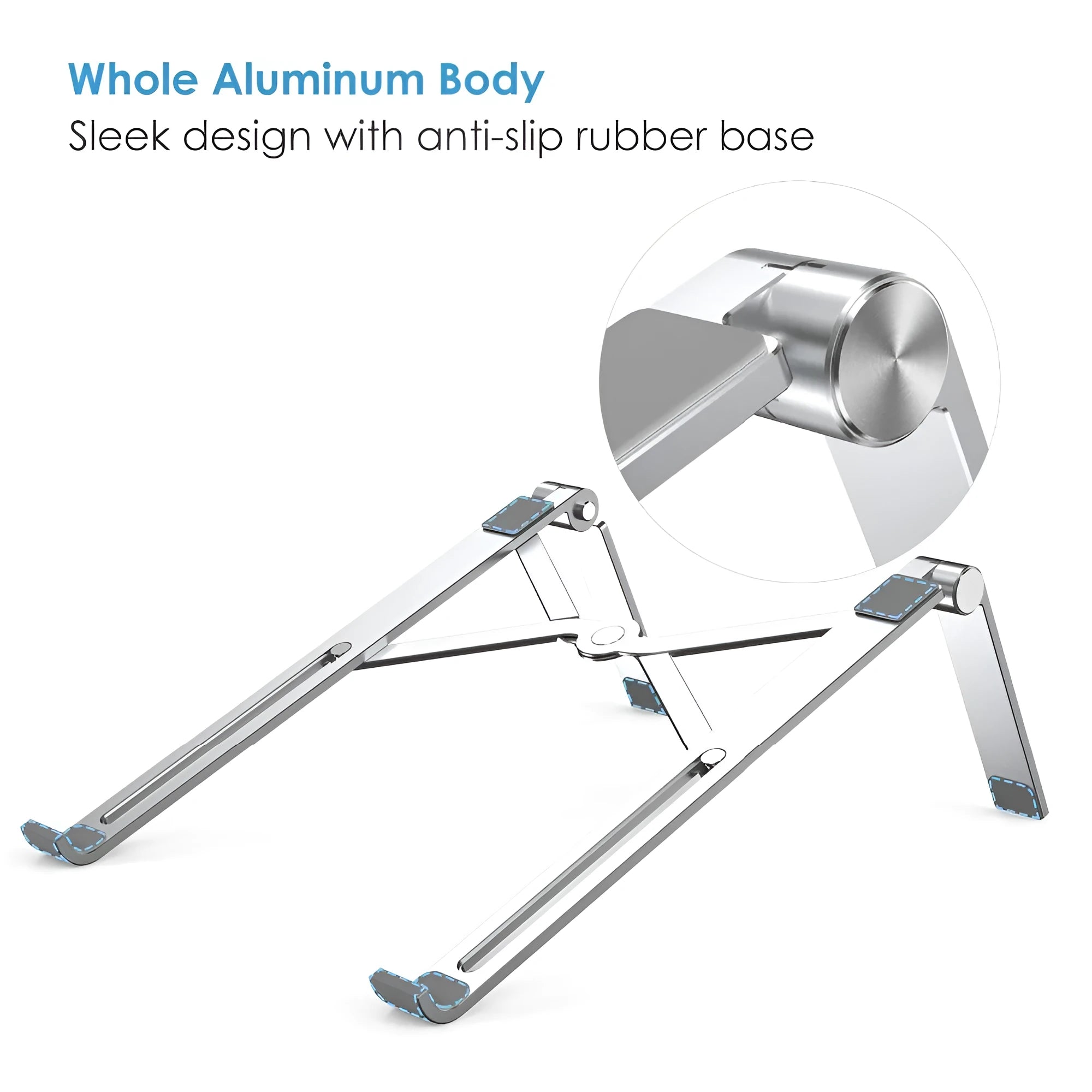 Black aluminium adjustable notebook stand for laptops on a desk.